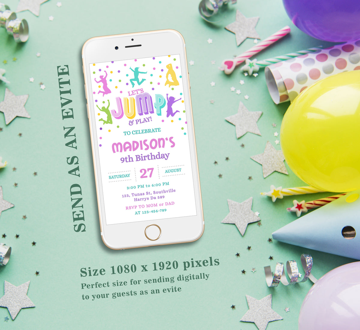 Jump Birthday Invitation Template, Girl Birthday, Evite, Digital Invite, 0260