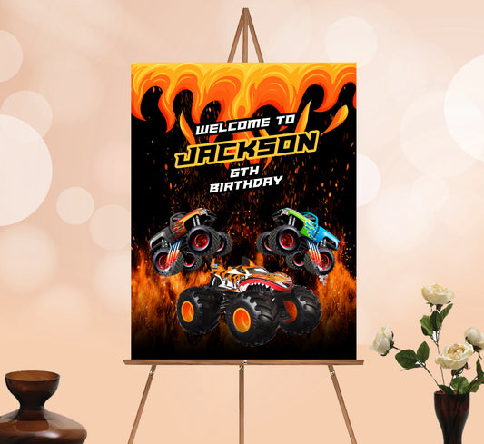 Monster Truck Welcome Sign, Printable Sign Board, Boy Birthday, Digital Download, Edit yourself, Corjl 0109