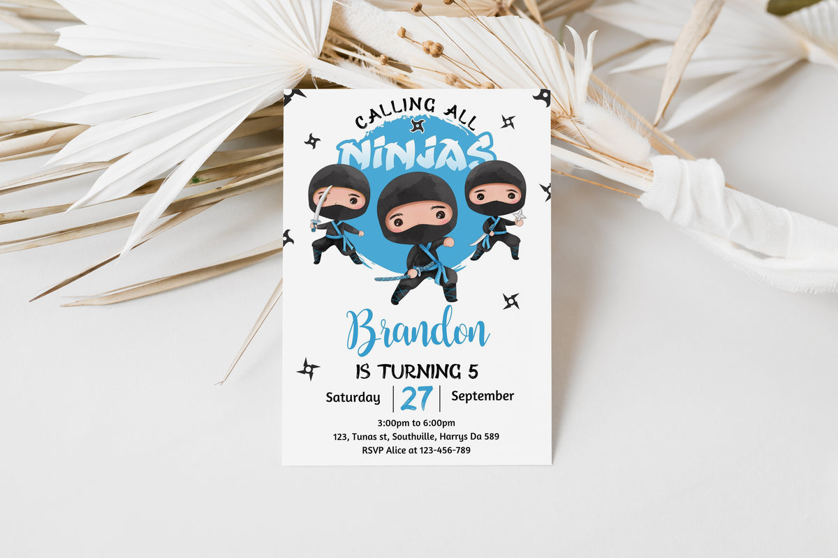 Editable Blue Ninja Birthday Invitation Template Printable Ninja Warrior Birthday Invite Karate Boy Birthday Party Martial Arts Invite 0354