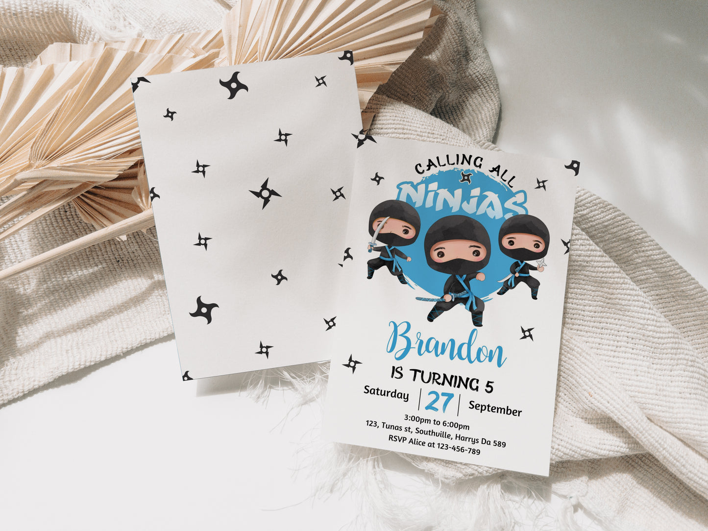 Editable Blue Ninja Birthday Invitation Template Printable Ninja Warrior Birthday Invite Karate Boy Birthday Party Martial Arts Invite 0354