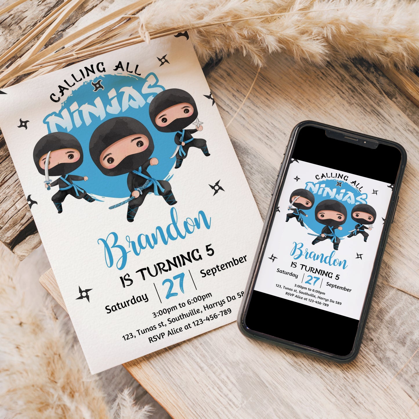 Editable Blue Ninja Birthday Invitation Template Printable Ninja Warrior Birthday Invite Karate Boy Birthday Party Martial Arts Invite 0354
