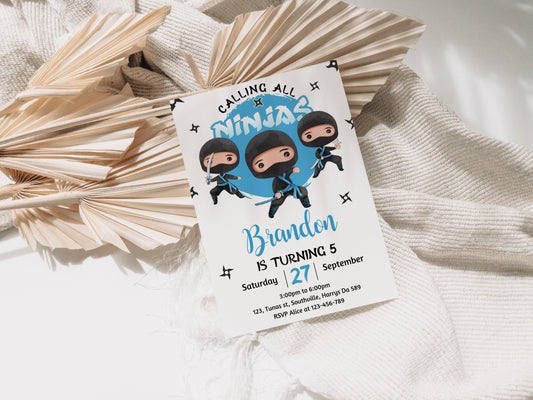 Editable Blue Ninja Birthday Invitation Template Printable Ninja Warrior Birthday Invite Karate Boy Birthday Party Martial Arts Invite 0354