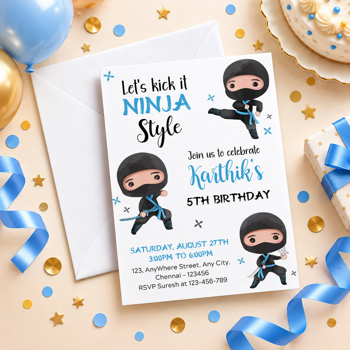Ninja Boy Blue Birthday Invitation | Digital & Printed