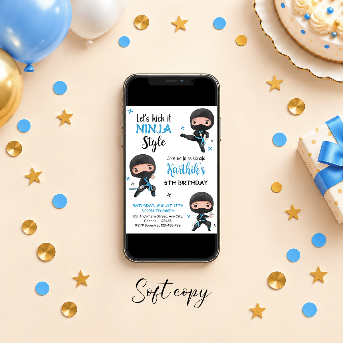 Ninja Boy Blue Birthday Invitation | Digital & Printed