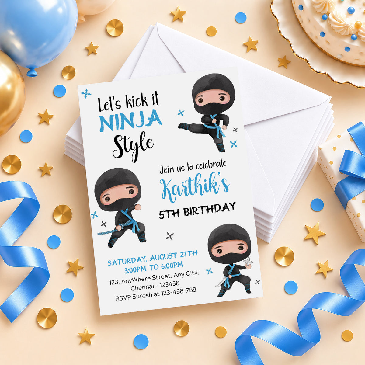 Ninja Boy Blue Birthday Invitation | Digital & Printed