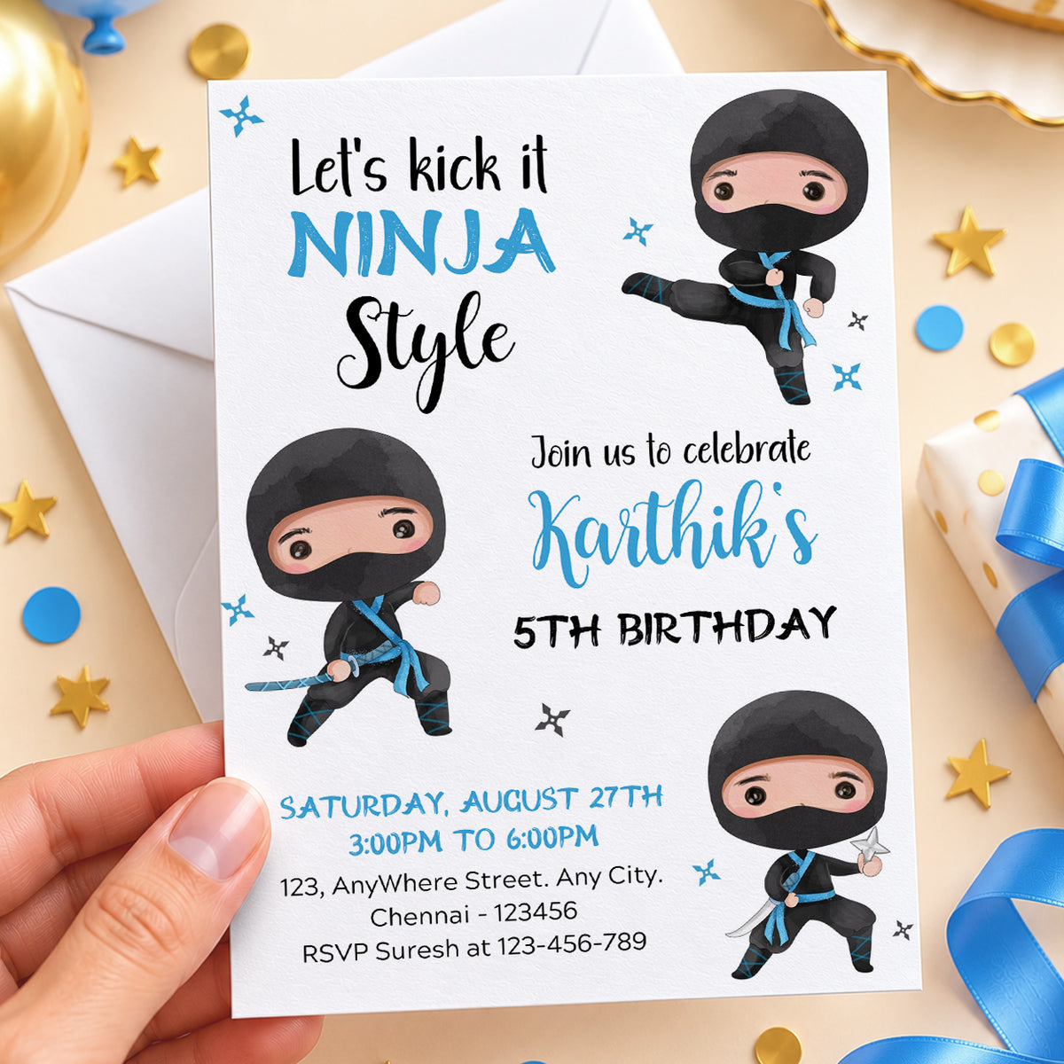 Ninja Boy Blue Birthday Invitation | Digital & Printed