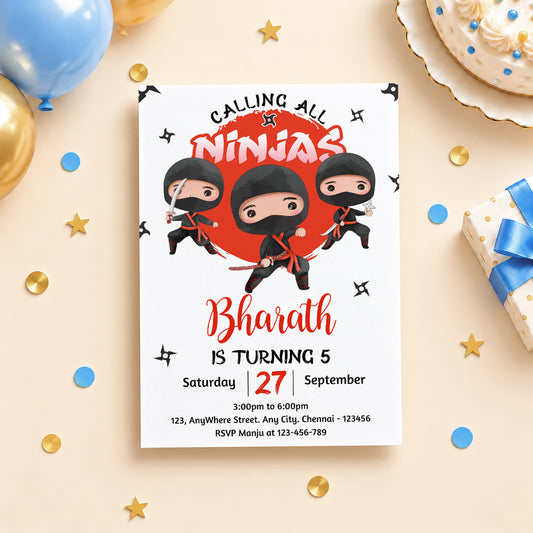 Ninja Boy Red Birthday Invitation | Digital & Printed