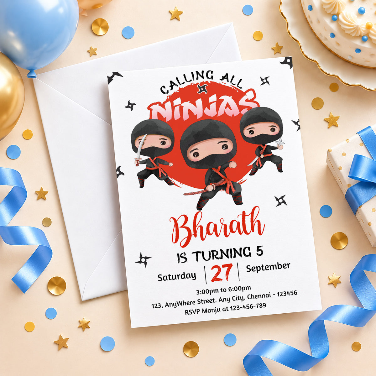 Ninja Boy Red Birthday Invitation | Digital & Printed