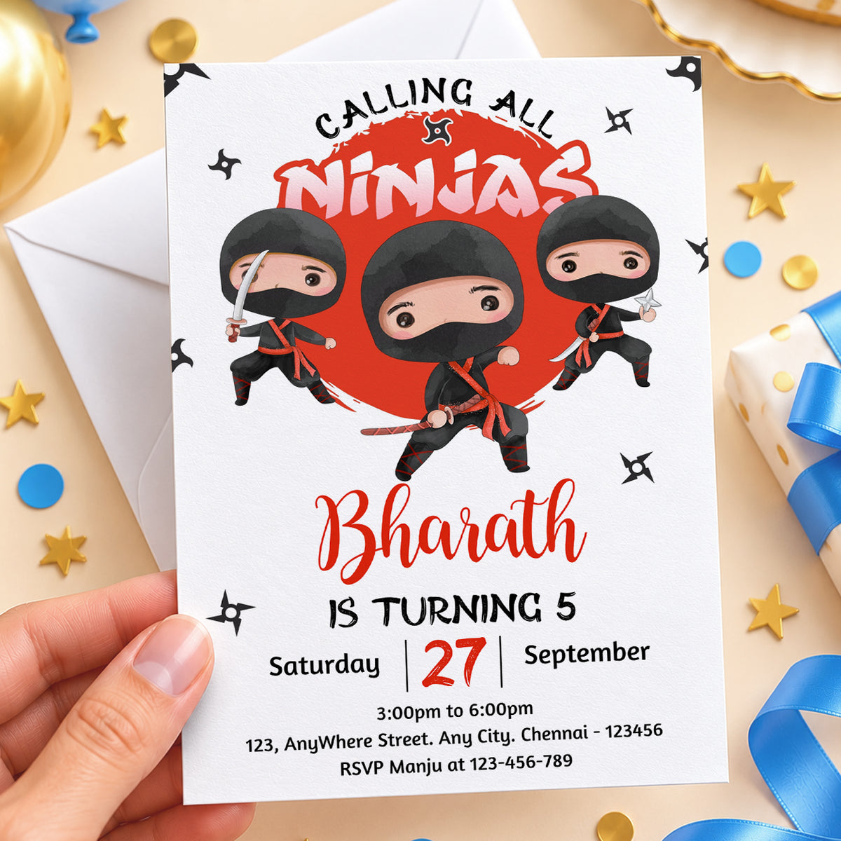 Ninja Boy Red Birthday Invitation | Digital & Printed