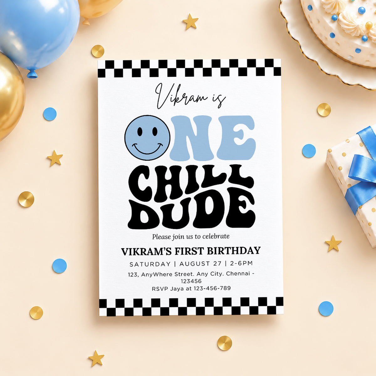One Chill Dude Blue 1st Birthday Invitation | Digital & Printed
