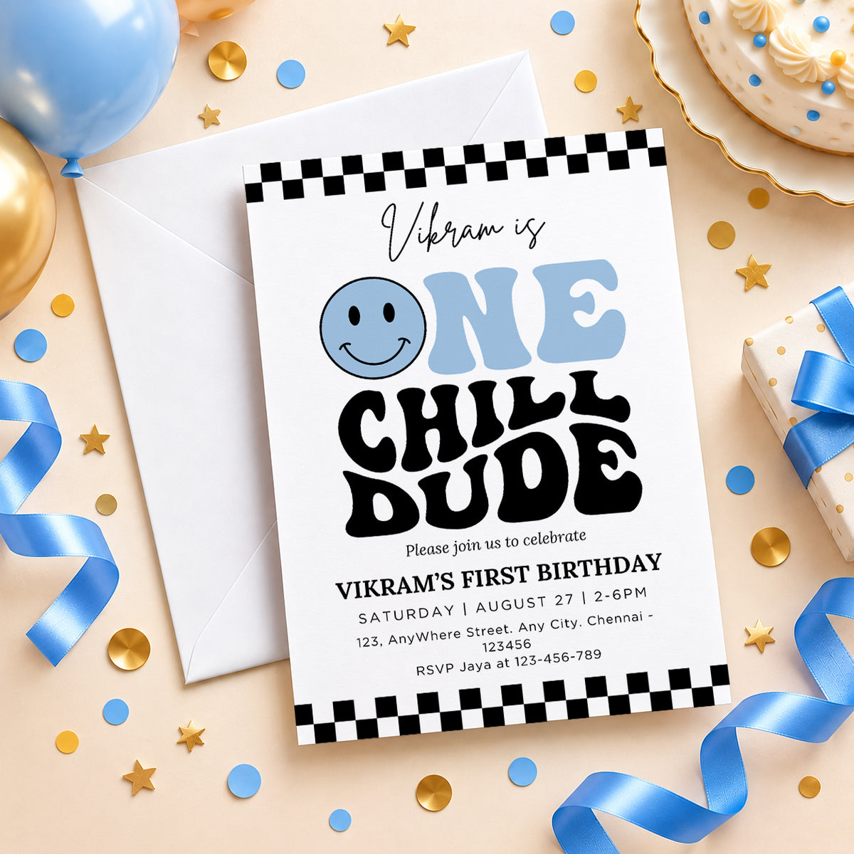 One Chill Dude Blue 1st Birthday Invitation | Digital & Printed