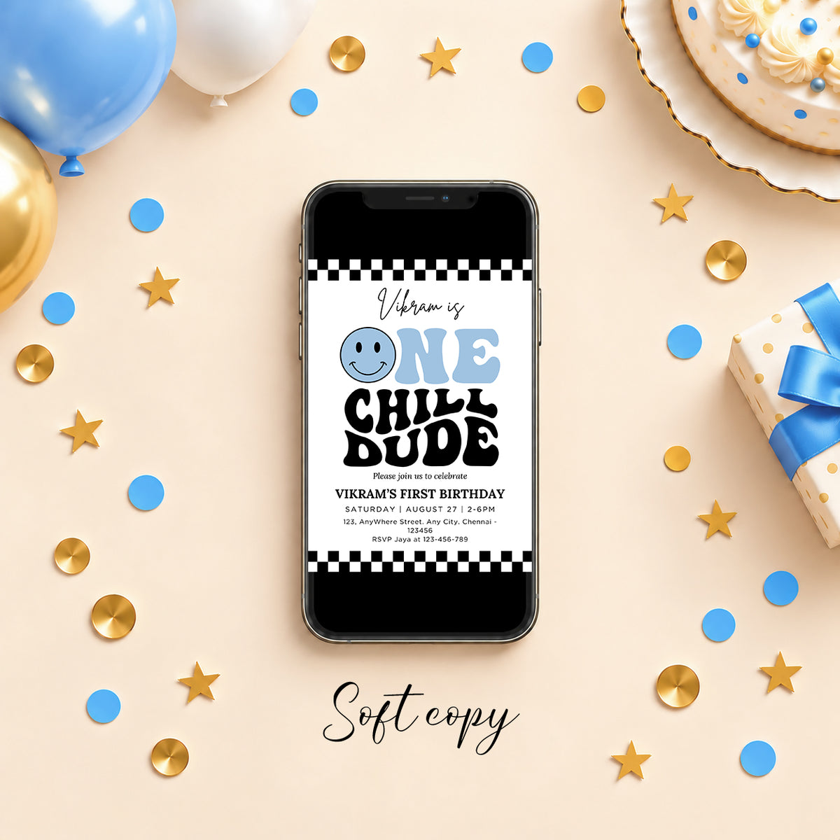 One Chill Dude Blue 1st Birthday Invitation | Digital & Printed