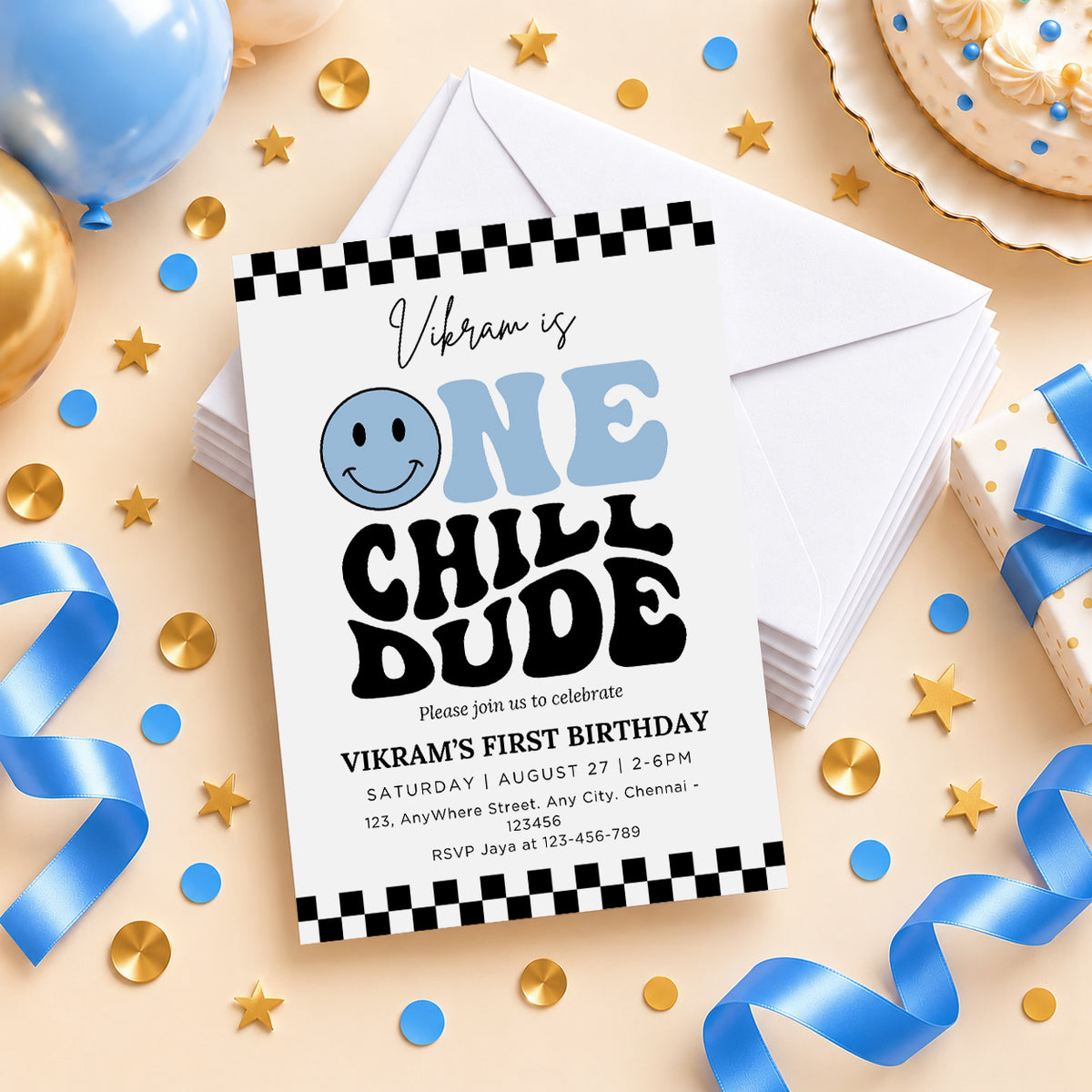 One Chill Dude Blue 1st Birthday Invitation | Digital & Printed
