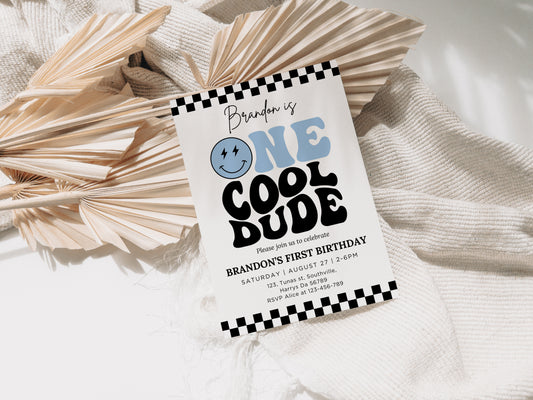 One Cool Dude Birthday Invitation Template, Printable Invitation, Editable Retro One Cool Dude First Birthday Party Invite, Evite Digital 0673