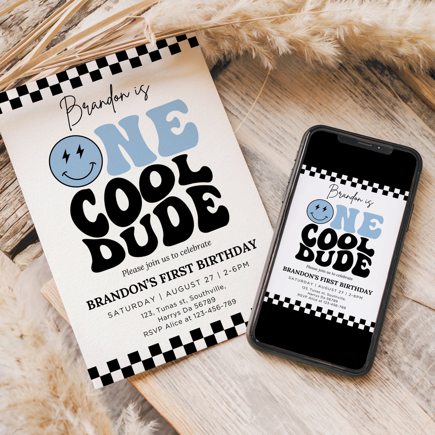 One Cool Dude Birthday Invitation Template, Printable Invitation, Editable Retro One Cool Dude First Birthday Party Invite, Evite Digital 0673