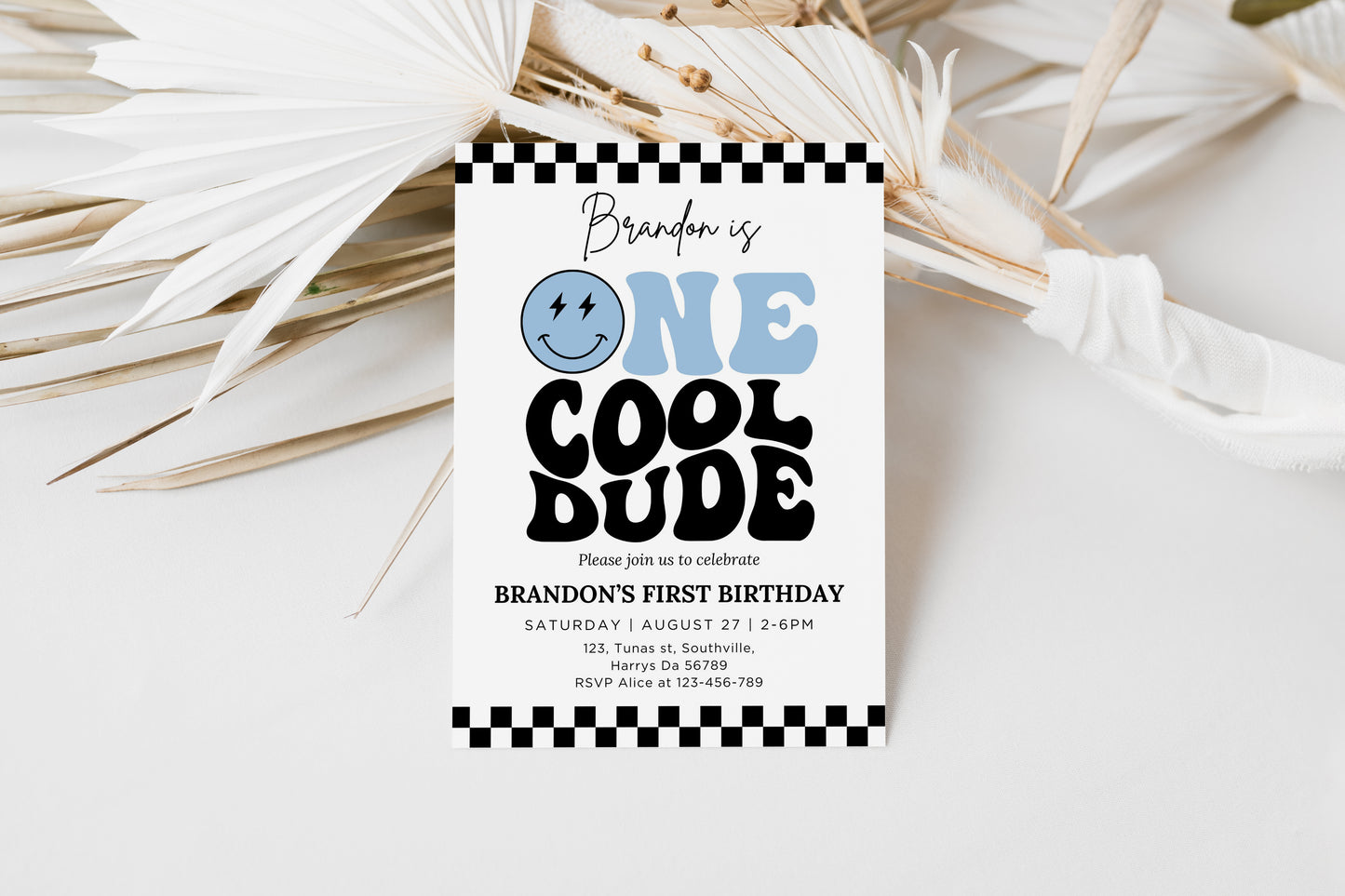 One Cool Dude Birthday Invitation Template, Printable Invitation, Editable Retro One Cool Dude First Birthday Party Invite, Evite Digital 0673