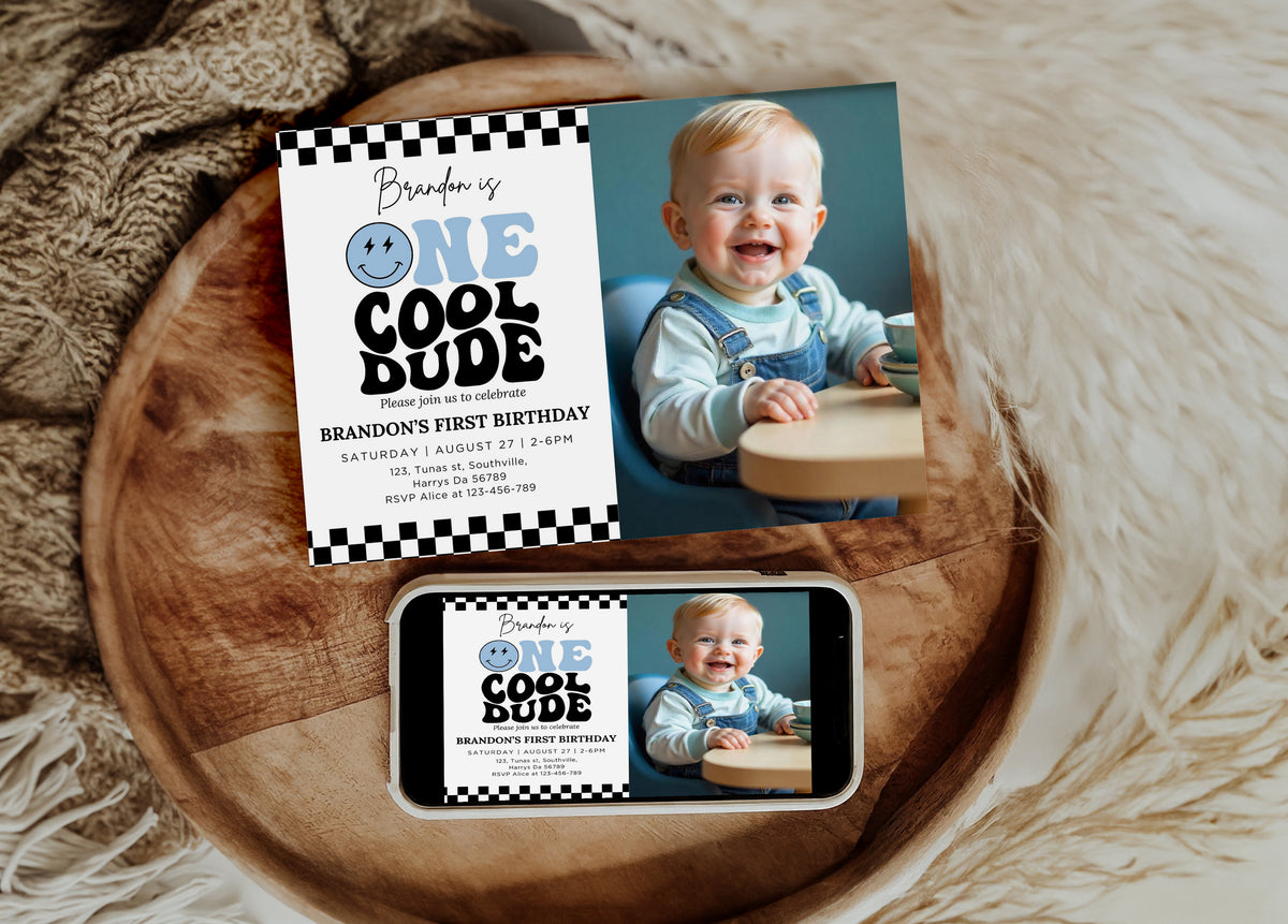 One Cool Dude Blue Birthday Invitation Digital, Editable Birthday Invitation One Cool Dude invite Boys Sage Green first birthday invitation, Evite, 0673