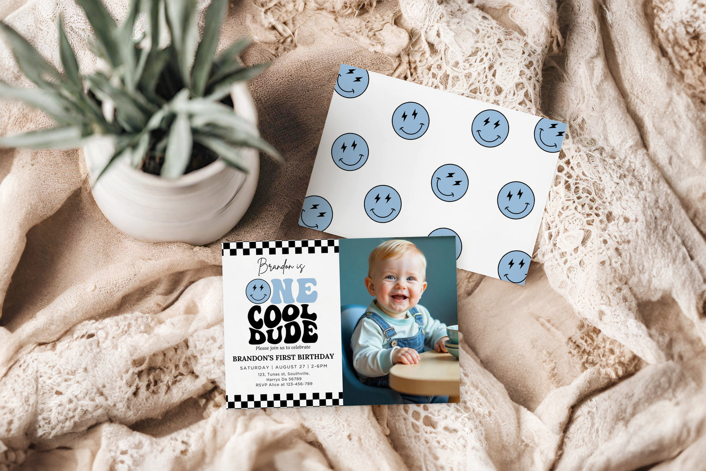 One Cool Dude Blue Birthday Invitation Digital, Editable Birthday Invitation One Cool Dude invite Boys Sage Green first birthday invitation, Evite, 0673