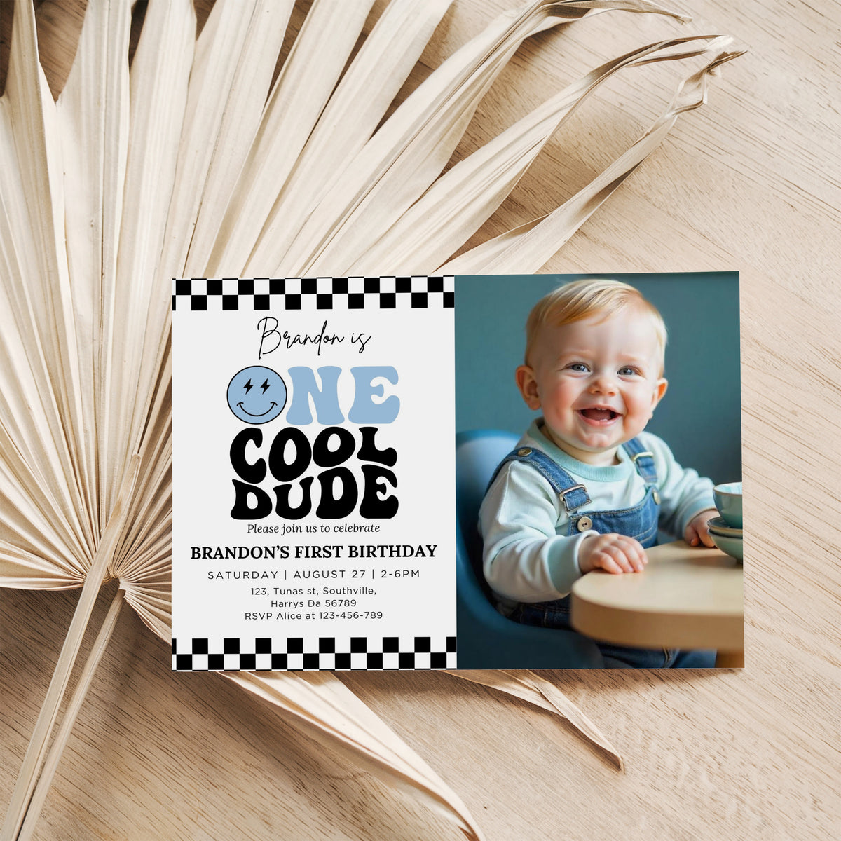One Cool Dude Blue Birthday Invitation Digital, Editable Birthday Invitation One Cool Dude invite Boys Sage Green first birthday invitation, Evite, 0673