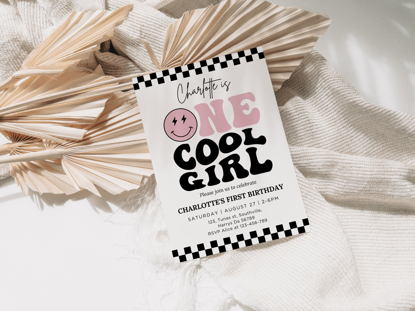 One Cool Girl Invitation Template, Printable 1st Birthday Invitation, Editable 1st Birthday Girl Invite, One Cool Girl Pink Smiley Face 0681