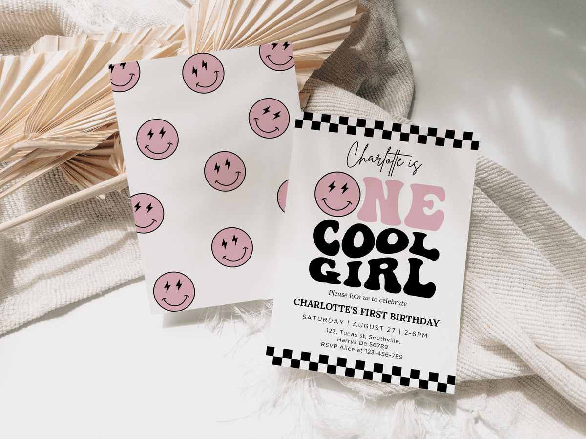 One Cool Girl Invitation Template, Printable 1st Birthday Invitation, Editable 1st Birthday Girl Invite, One Cool Girl Pink Smiley Face 0681