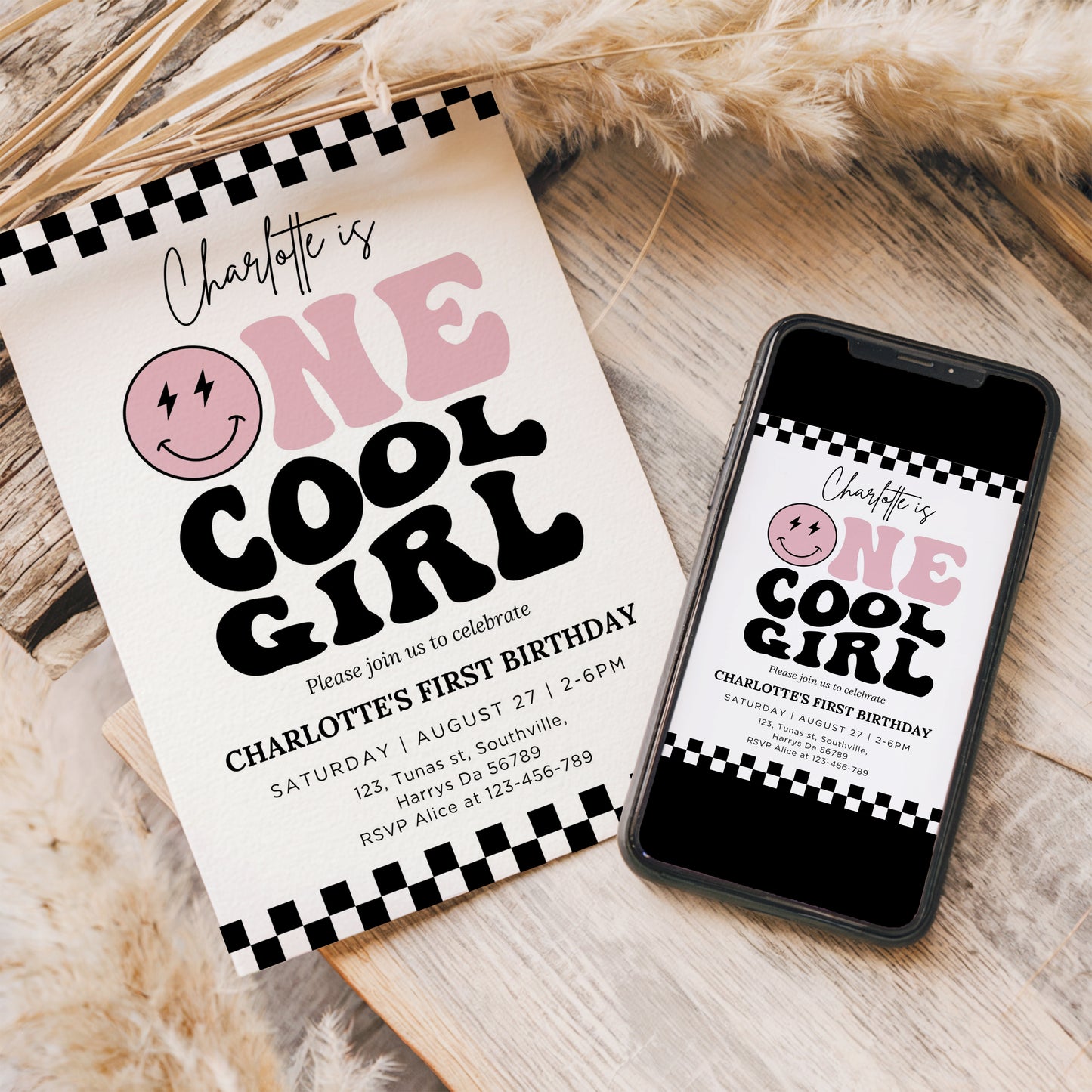 One Cool Girl Invitation Template, Printable 1st Birthday Invitation, Editable 1st Birthday Girl Invite, One Cool Girl Pink Smiley Face 0681