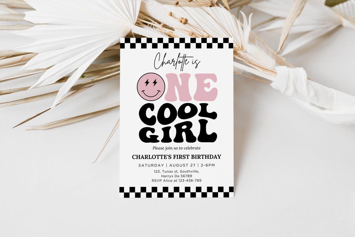 One Cool Girl Invitation Template, Printable 1st Birthday Invitation, Editable 1st Birthday Girl Invite, One Cool Girl Pink Smiley Face 0681