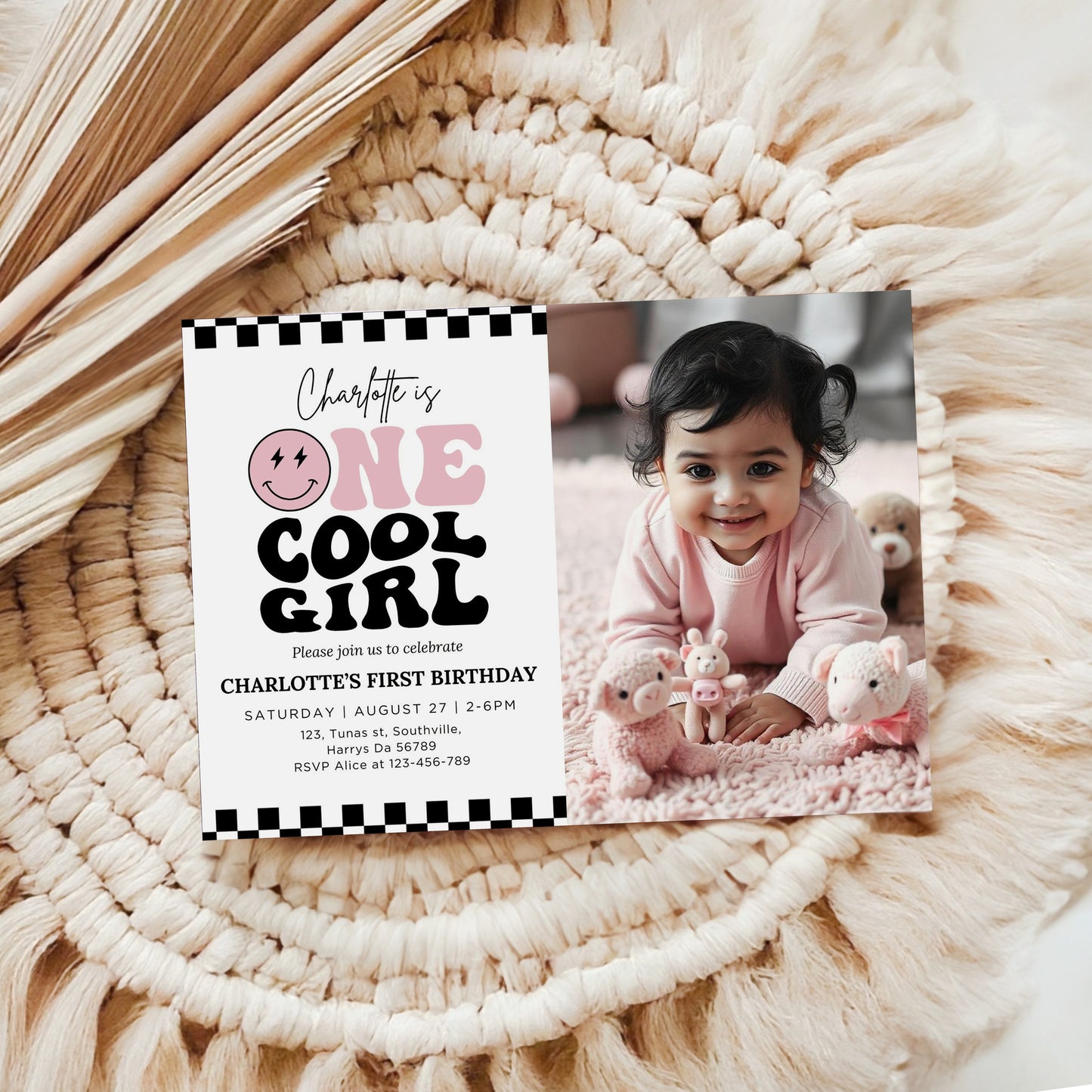 One Cool Girl Birthday Invitation in Pink, One Cool Girl Birthday Photo Invite Girls First Birthday Idea ONE Happy Girl Party 0681