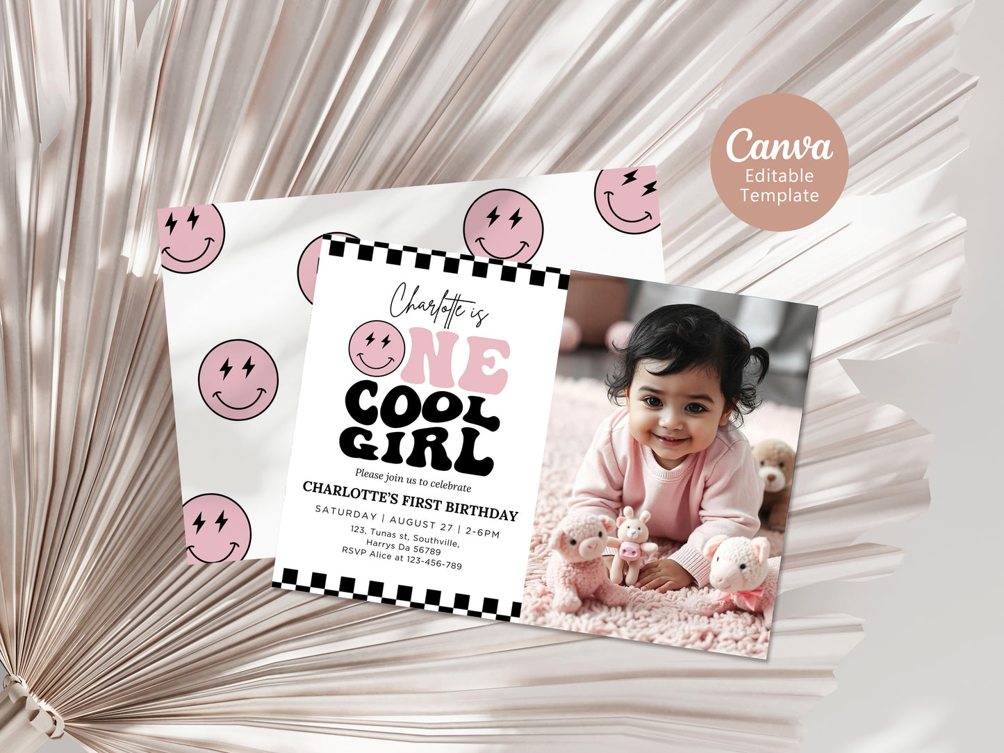 One Cool Girl Birthday Invitation in Pink, One Cool Girl Birthday Photo Invite Girls First Birthday Idea ONE Happy Girl Party 0681