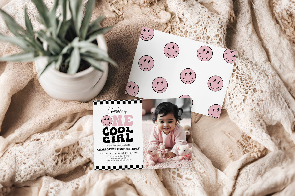 One Cool Girl Birthday Invitation in Pink, One Cool Girl Birthday Photo Invite Girls First Birthday Idea ONE Happy Girl Party 0681