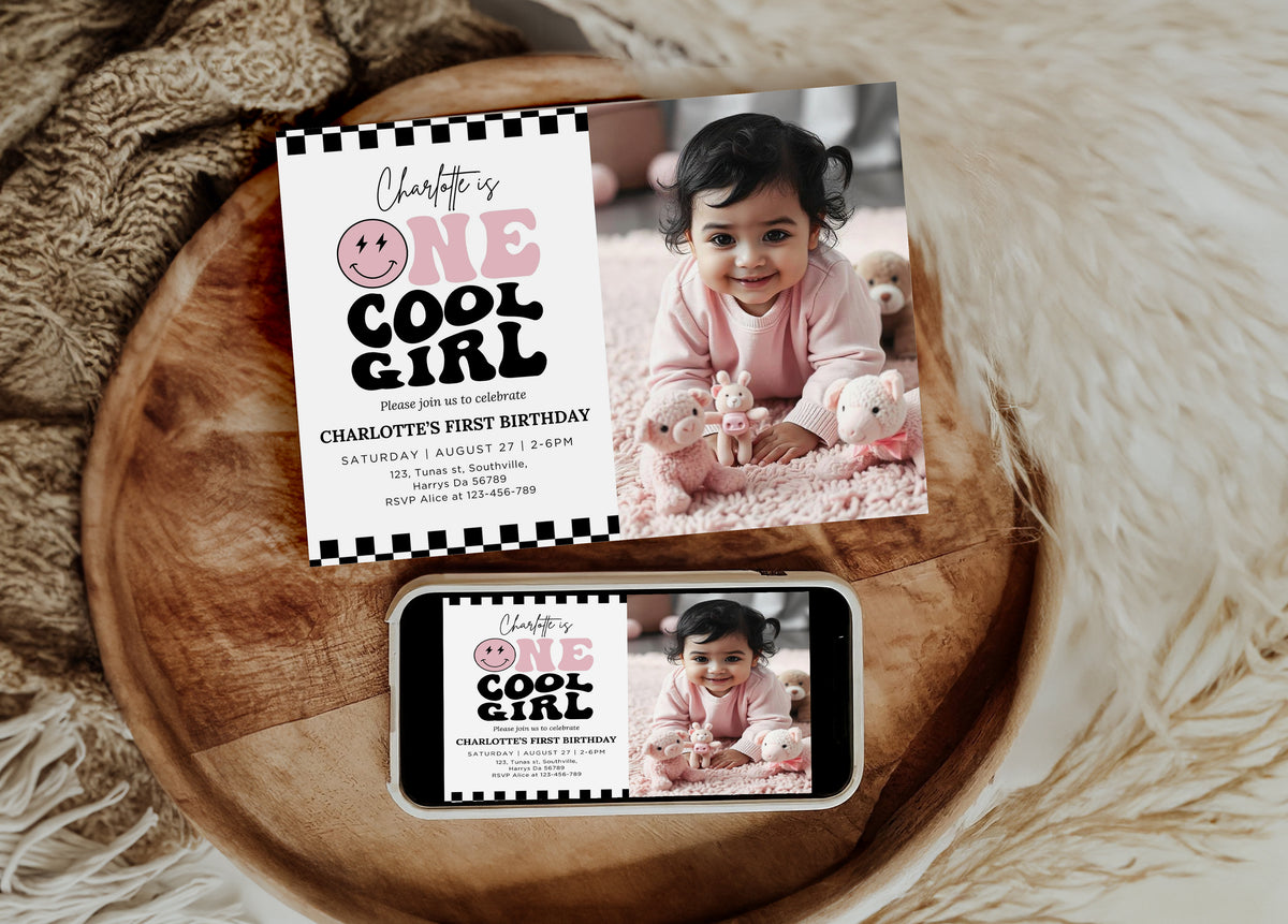 One Cool Girl Birthday Invitation in Pink, One Cool Girl Birthday Photo Invite Girls First Birthday Idea ONE Happy Girl Party 0681
