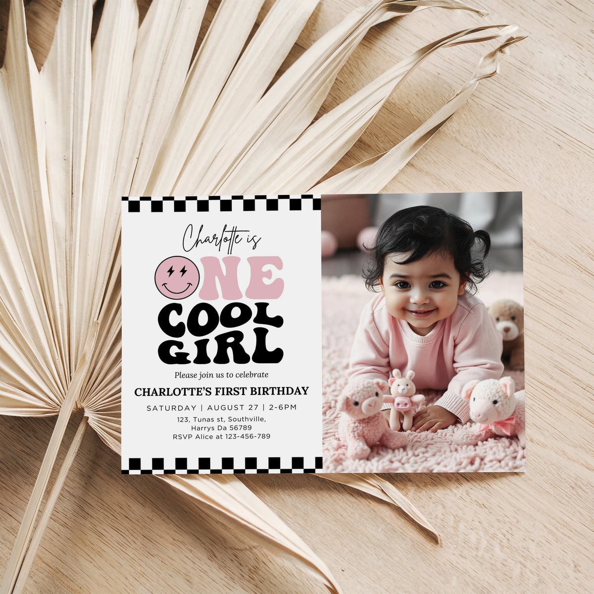 One Cool Girl Birthday Invitation in Pink, One Cool Girl Birthday Photo Invite Girls First Birthday Idea ONE Happy Girl Party 0681