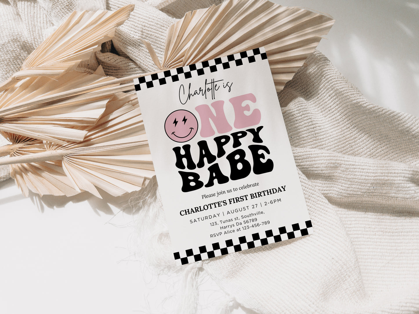 One Happy Babe Pink Birthday Invitation Template, Printable Invitation, Editable Retro One Happy Babe First Birthday Party Invite, Evite Digital 0458