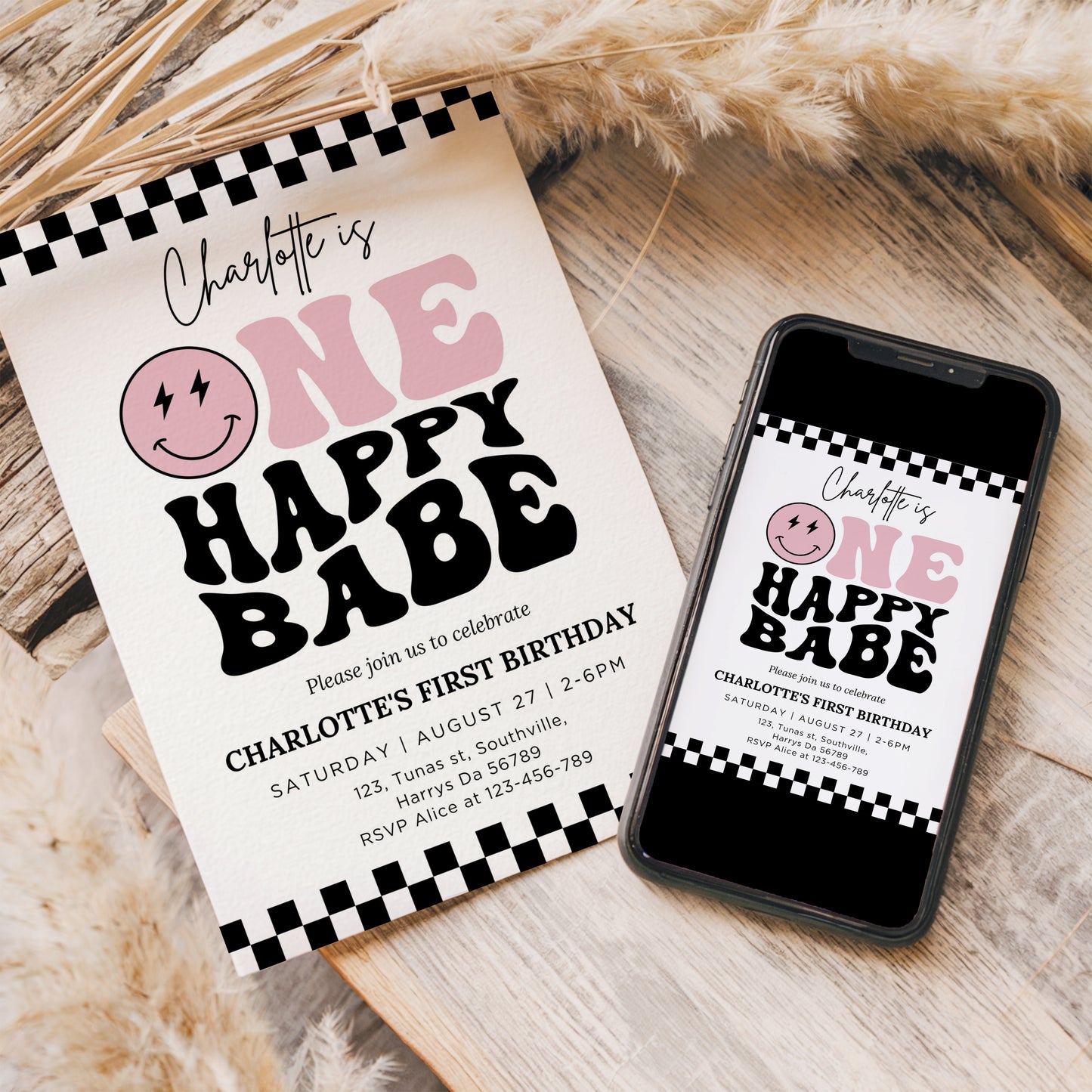 One Happy Babe Pink Birthday Invitation Template, Printable Invitation, Editable Retro One Happy Babe First Birthday Party Invite, Evite Digital 0458