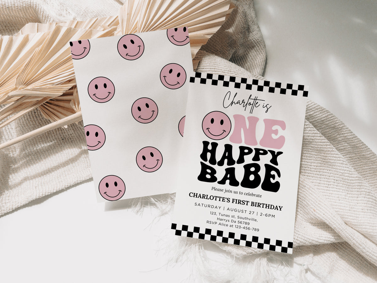 One Happy Babe Pink Birthday Invitation Template, Printable Invitation, Editable Retro One Happy Babe First Birthday Party Invite, Evite Digital 0639