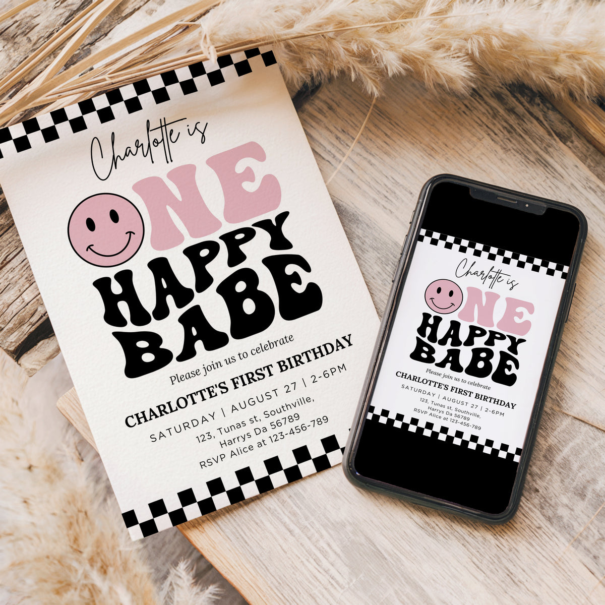 One Happy Babe Pink Birthday Invitation Template, Printable Invitation, Editable Retro One Happy Babe First Birthday Party Invite, Evite Digital 0639