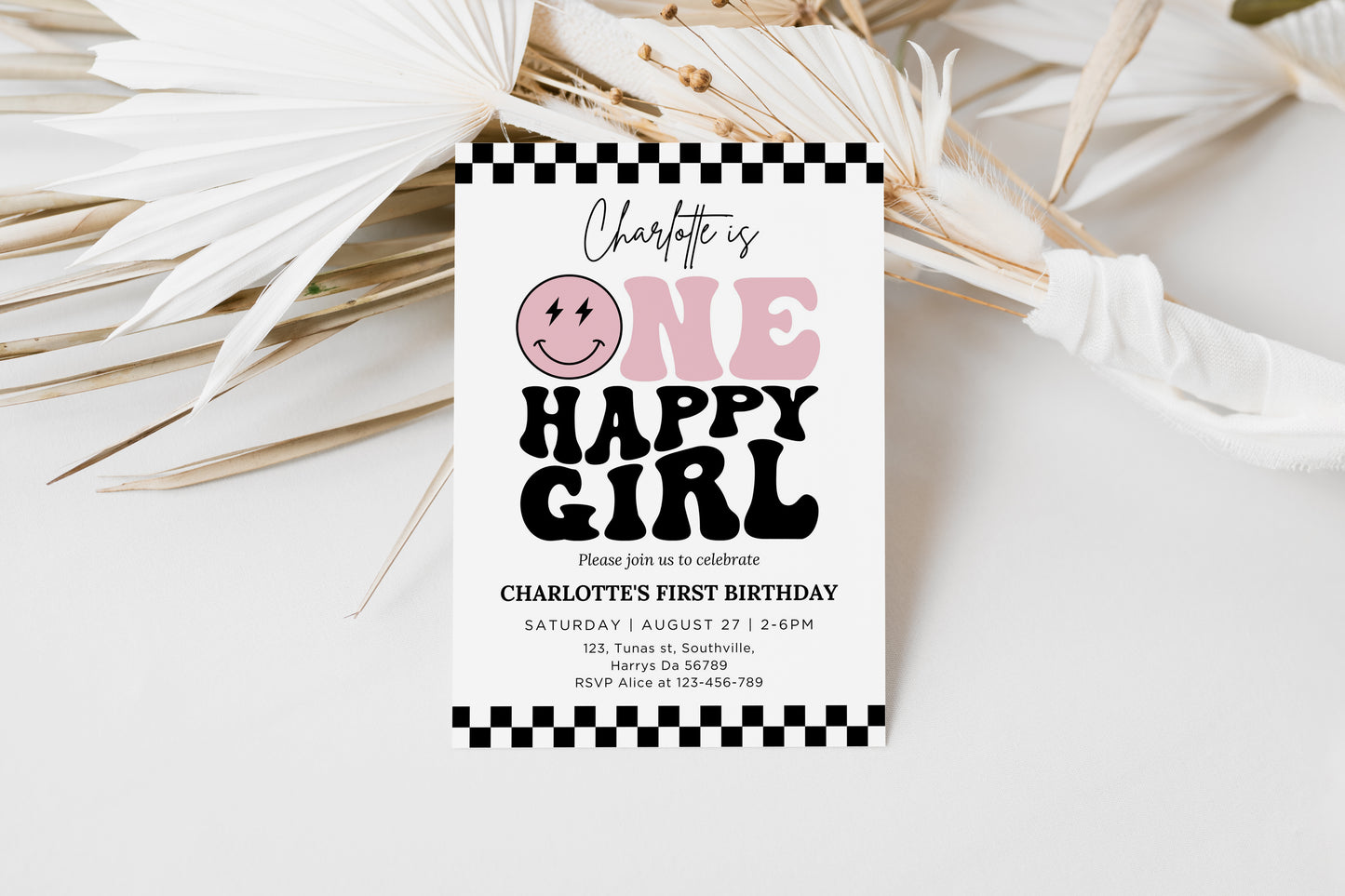 One Happy Babe Pink Birthday Invitation Template, Printable Invitation, Editable Retro One Happy Babe First Birthday Party Invite, Evite Digital 0458
