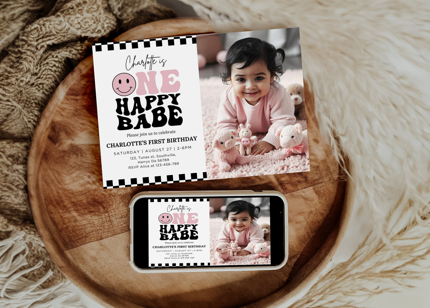 One Happy Babe Birthday Photo Invitation, Baby's 1st Birthday Editable Template, Smile Daisy Party Photo Invite, Pink Checkered Instant Download, 0639