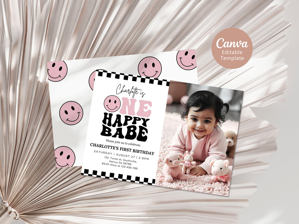 One Happy Babe Birthday Photo Invitation, Baby's 1st Birthday Editable Template, Smile Daisy Party Photo Invite, Pink Checkered Instant Download, 0639