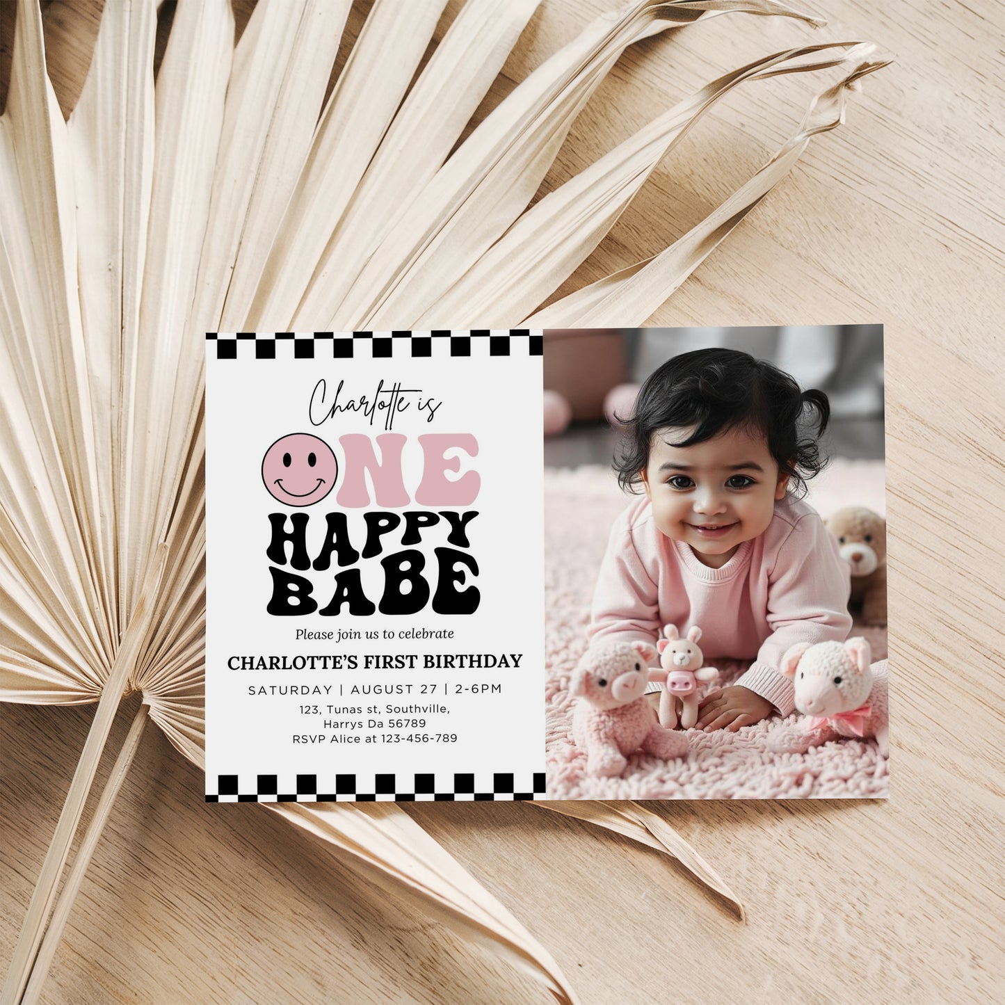 One Happy Babe Birthday Photo Invitation, Baby's 1st Birthday Editable Template, Smile Daisy Party Photo Invite, Pink Checkered Instant Download, 0639