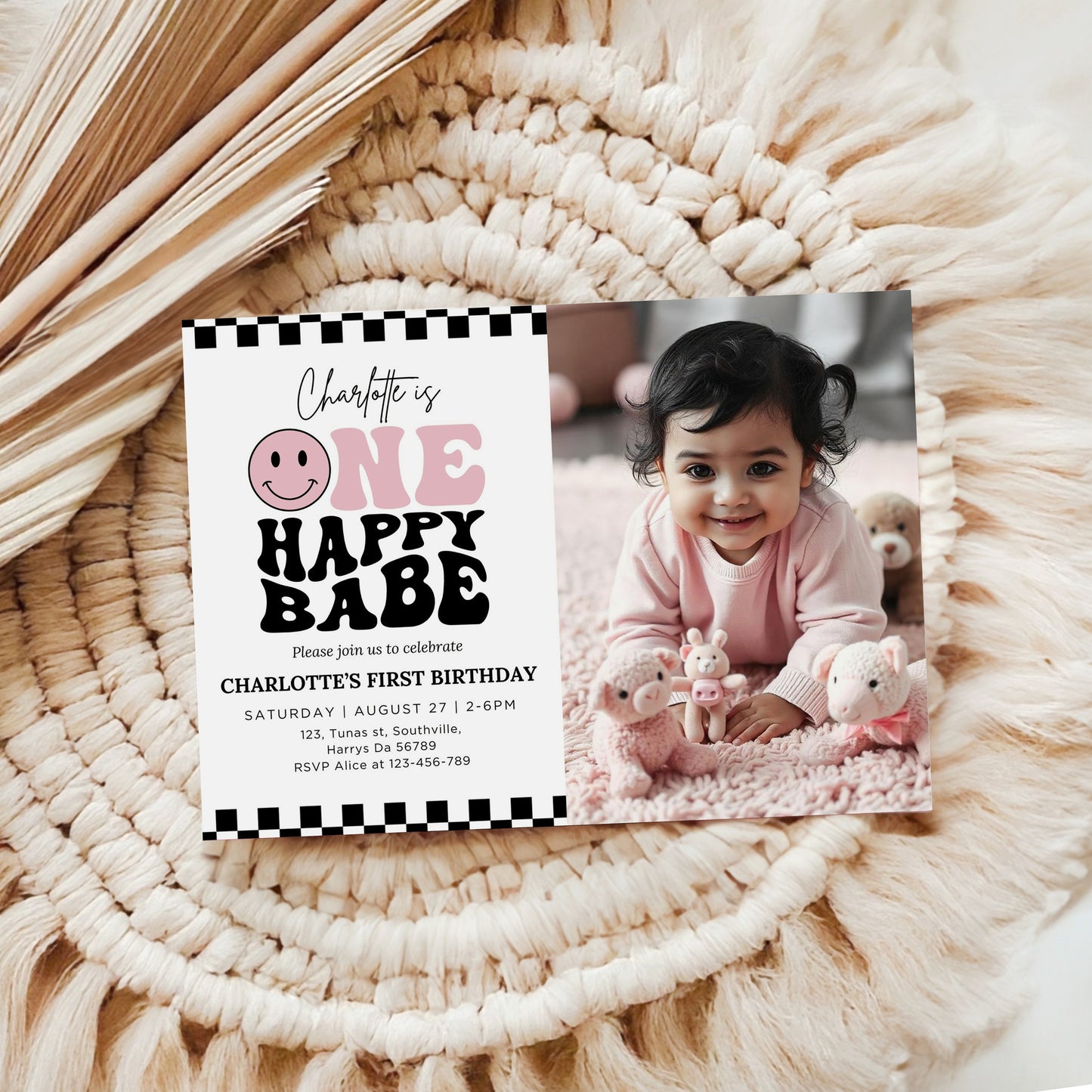 One Happy Babe Birthday Photo Invitation, Baby's 1st Birthday Editable Template, Smile Daisy Party Photo Invite, Pink Checkered Instant Download, 0639