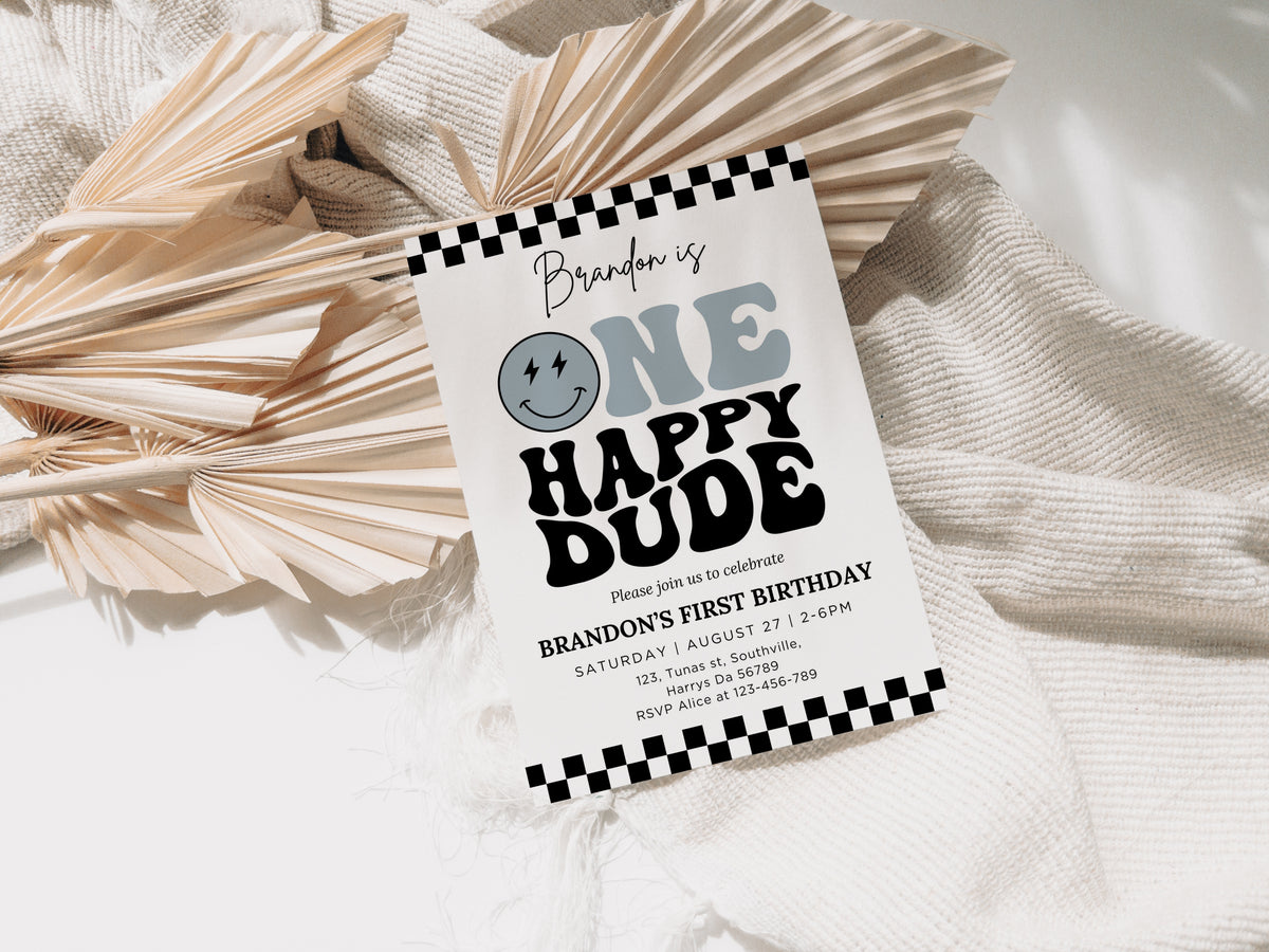 One Happy Dude Invitation Template, Printable 1st Birthday Invitation, Editable 1st Birthday Boy Invite, One Cool Dude Baby Blue Smiley Face 0411