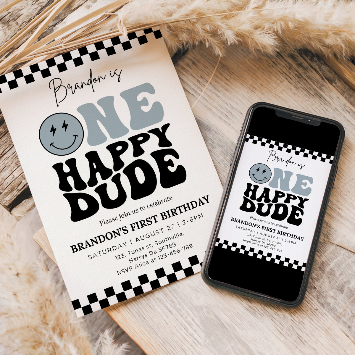 One Happy Dude Invitation Template, Printable 1st Birthday Invitation, Editable 1st Birthday Boy Invite, One Cool Dude Baby Blue Smiley Face 0411