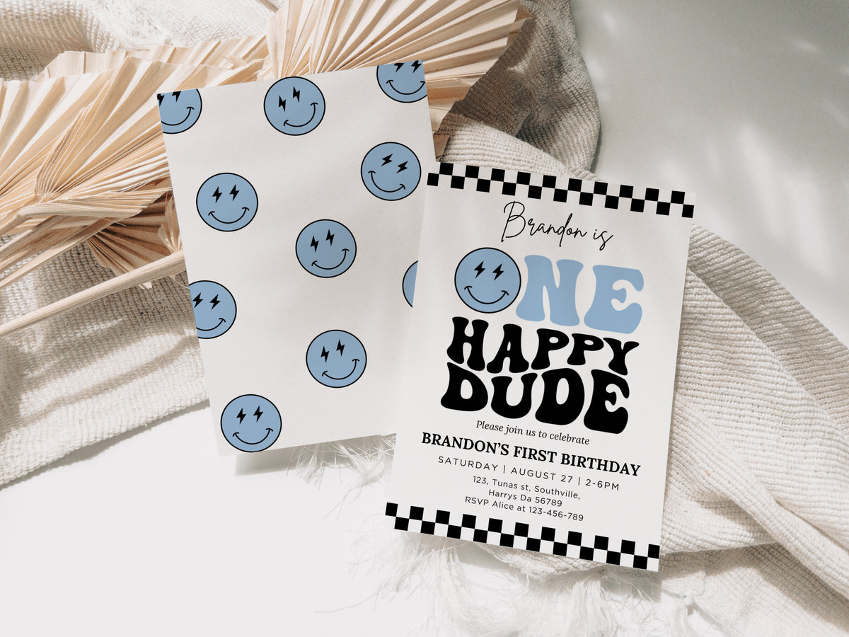 One Happy Dude Invitation Template, Printable 1st Birthday Invitation, Editable 1st Birthday Boy Invite, One Cool Dude Baby Blue Smiley Face 0498