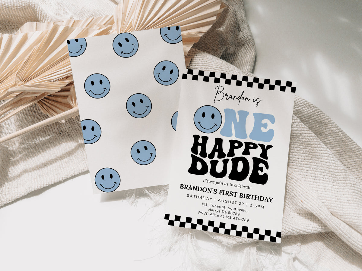 One Happy Dude Invitation Template, Printable 1st Birthday Invitation, Editable 1st Birthday Boy Invite, One Cool Dude Baby Blue Smiley Face 0637