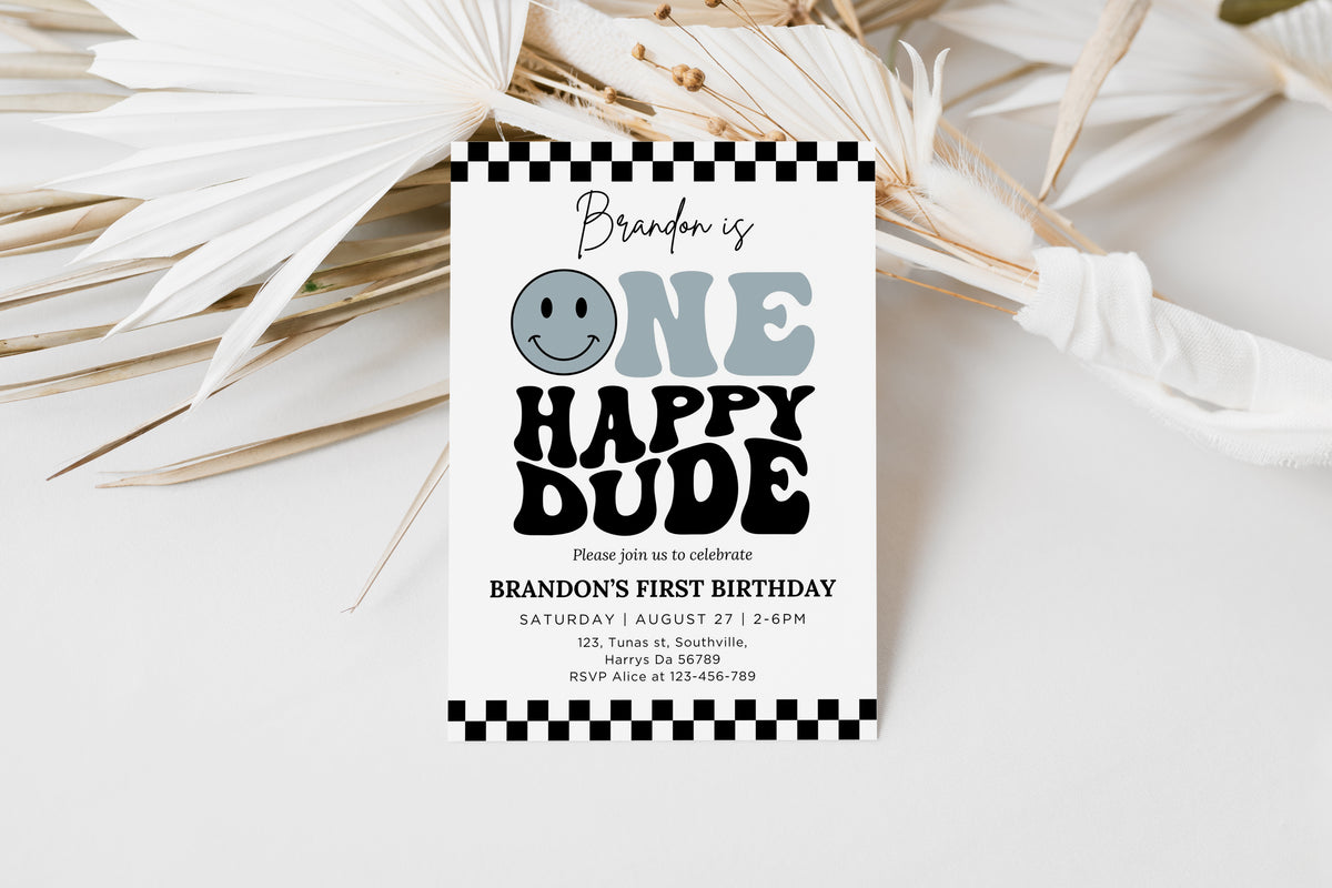 One Happy Dude Invitation Template, Printable 1st Birthday Invitation, Editable 1st Birthday Boy Invite, One Cool Dude Baby Blue Smiley Face 0634