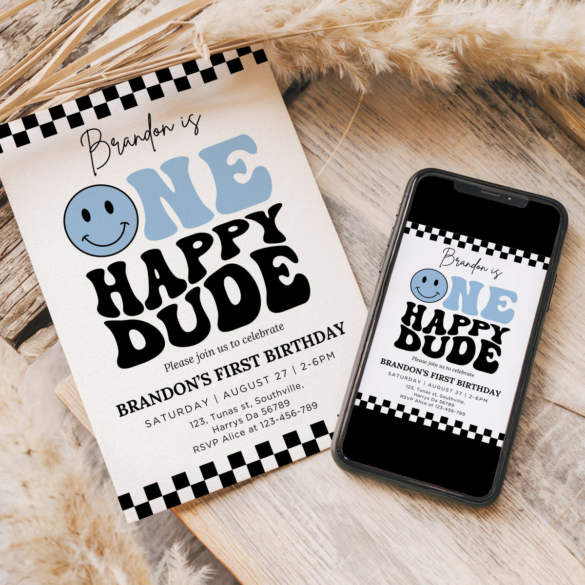 One Happy Dude Invitation Template, Printable 1st Birthday Invitation, Editable 1st Birthday Boy Invite, One Cool Dude Baby Blue Smiley Face 0637