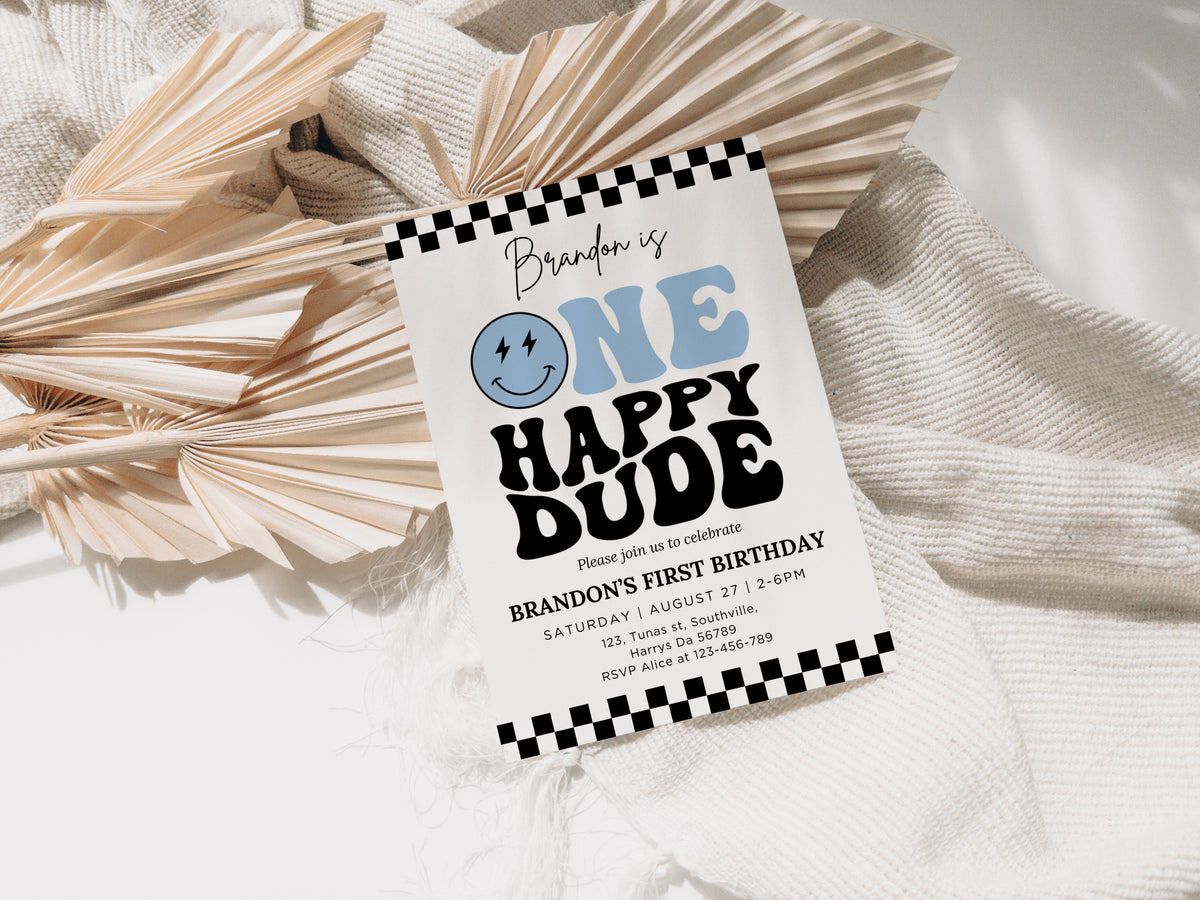 One Happy Dude Invitation Template, Printable 1st Birthday Invitation, Editable 1st Birthday Boy Invite, One Cool Dude Baby Blue Smiley Face 0498