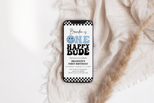 Editable One Happy Dude First Birthday Invitation Blue Electronic Cool Boy 1st Birthday Party Invite Mobile Template, Evite Digital, 0637