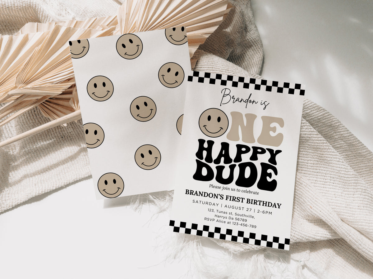 One Happy Dude Invitation Template, Printable 1st Birthday Invitation, Editable 1st Birthday Boy Invite, One Cool Dude Baby Neutral Smiley Face 0638